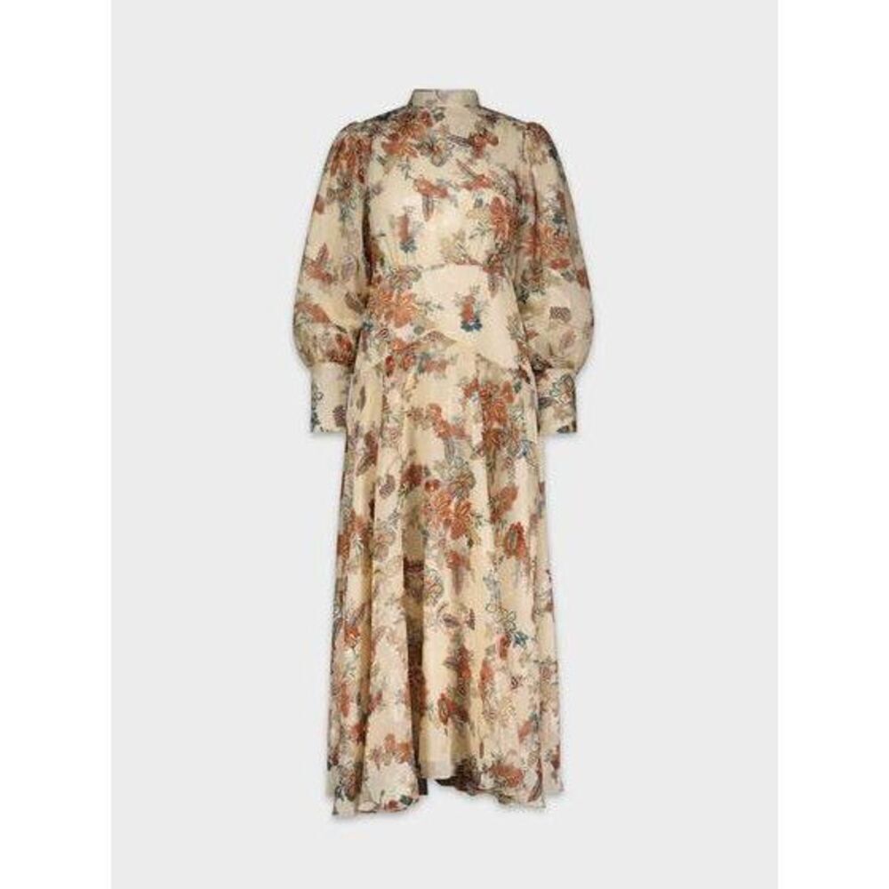 POSE Curved Yolk Dress Brown Floral Modest Maxi Long Sleeve Size 16 Boho NWT